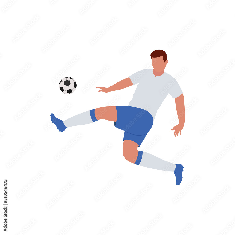 Faceless Soccer Player Kicking Ball On White Background.