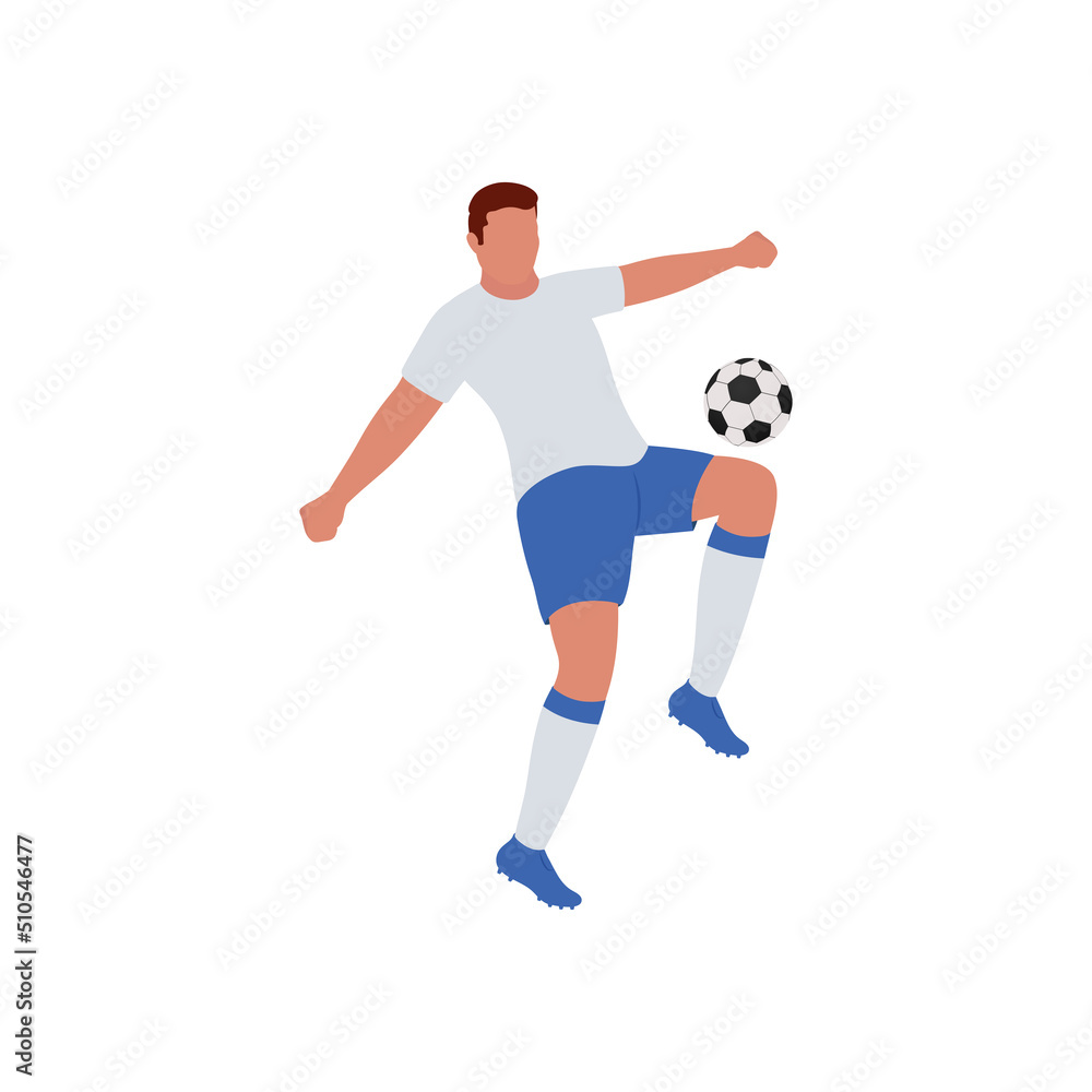 Faceless Soccer Player Kicking Ball From Knee On White Background.