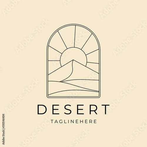 landscape desert with sun badge logo line art vector icon symbol graphic design illustration