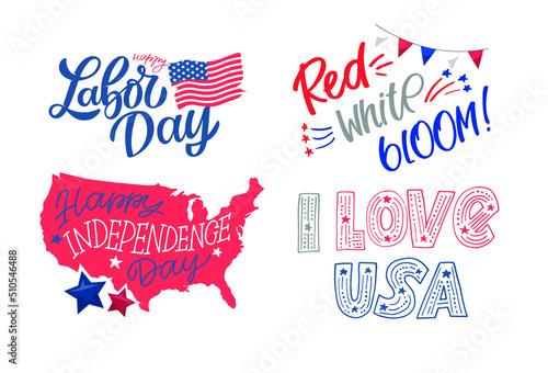 Happy 4th of July USA Independence Day greeting card with waving american national flag and hand lettering text design. Fourth of July typographic design. Usable as greeting card, banner, background.