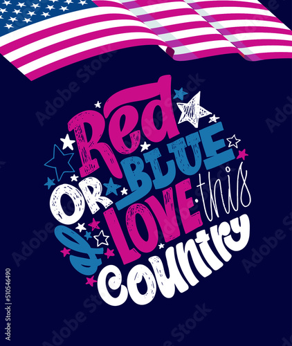 Happy 4th of July USA Independence Day greeting card with waving american national flag and hand lettering text design. Fourth of July typographic design. Usable as greeting card, banner, background.