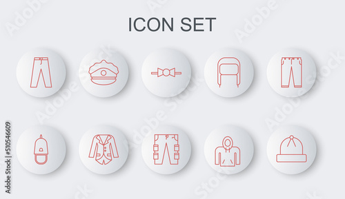 Set line Winter hat, Police cap with cockade, Bow tie, Hoodie, Pants, Blazer or jacket and Cargo pants icon. Vector
