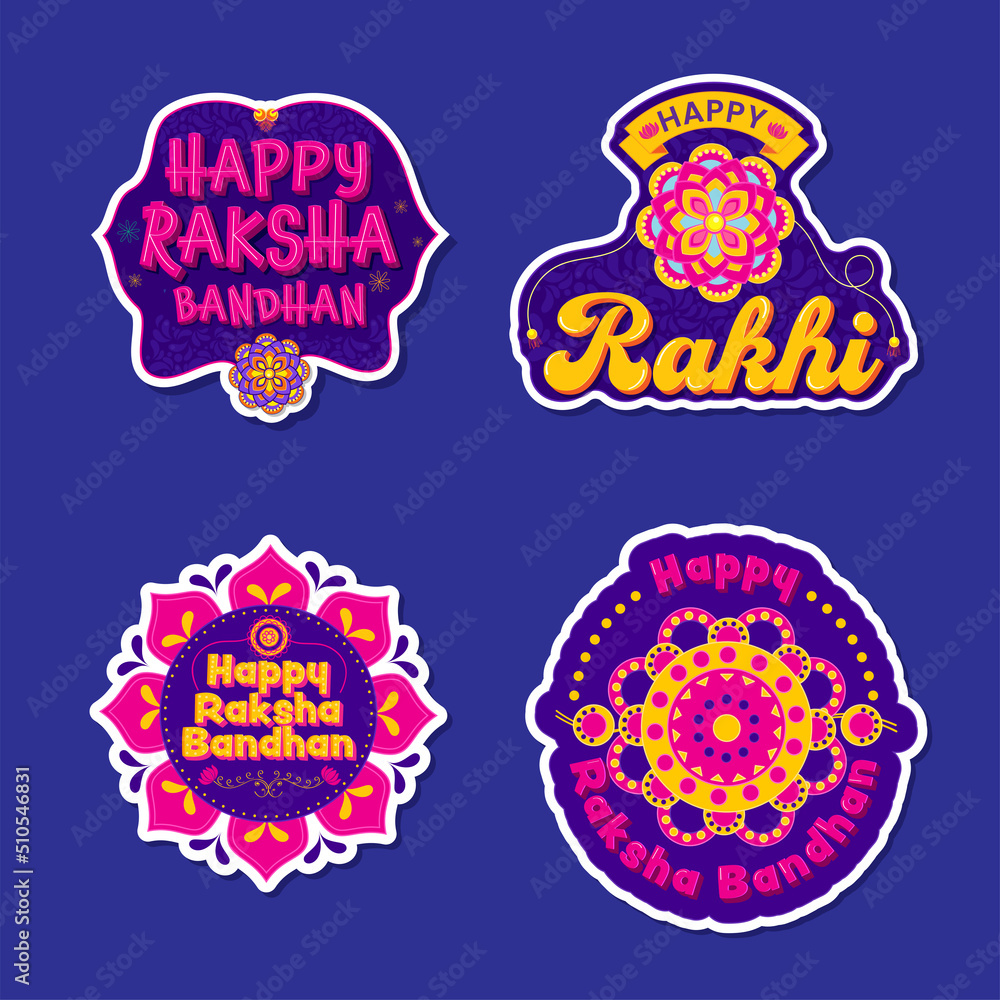 Sticker Style Happy Raksha Bandhan Font With Wristband (Rakhi) In Four Options On Blue Background.