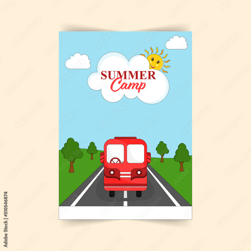Summer Camp Flyer Design With Funny Sun, Bus On Street Side Natural Background.
