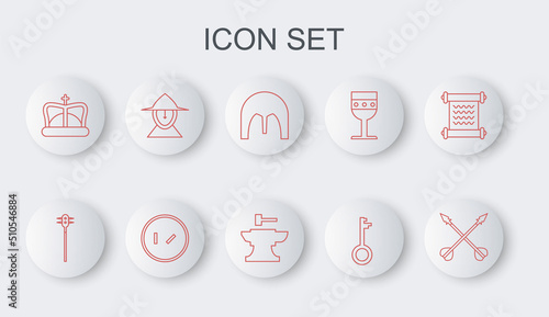 Set line Medieval crossed arrows, chained mace ball, iron helmet, Old key, King crown, Round wooden shield and Anvil for blacksmithing hammer icon. Vector