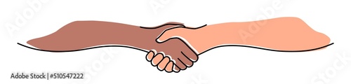 Handshake, agreement, introduction banner hand drawn with single line. Black and white people shake hands. Vector illustration isolated on white background