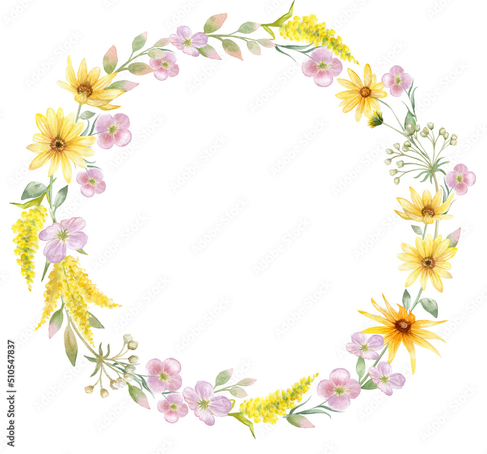 Wildflowers wreath, frame, ring. Yellow wild flowers. watercolor illustration