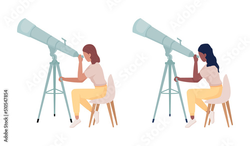 Fotografie, Obraz Astronomists with powerful telescopes semi flat color vector characters set