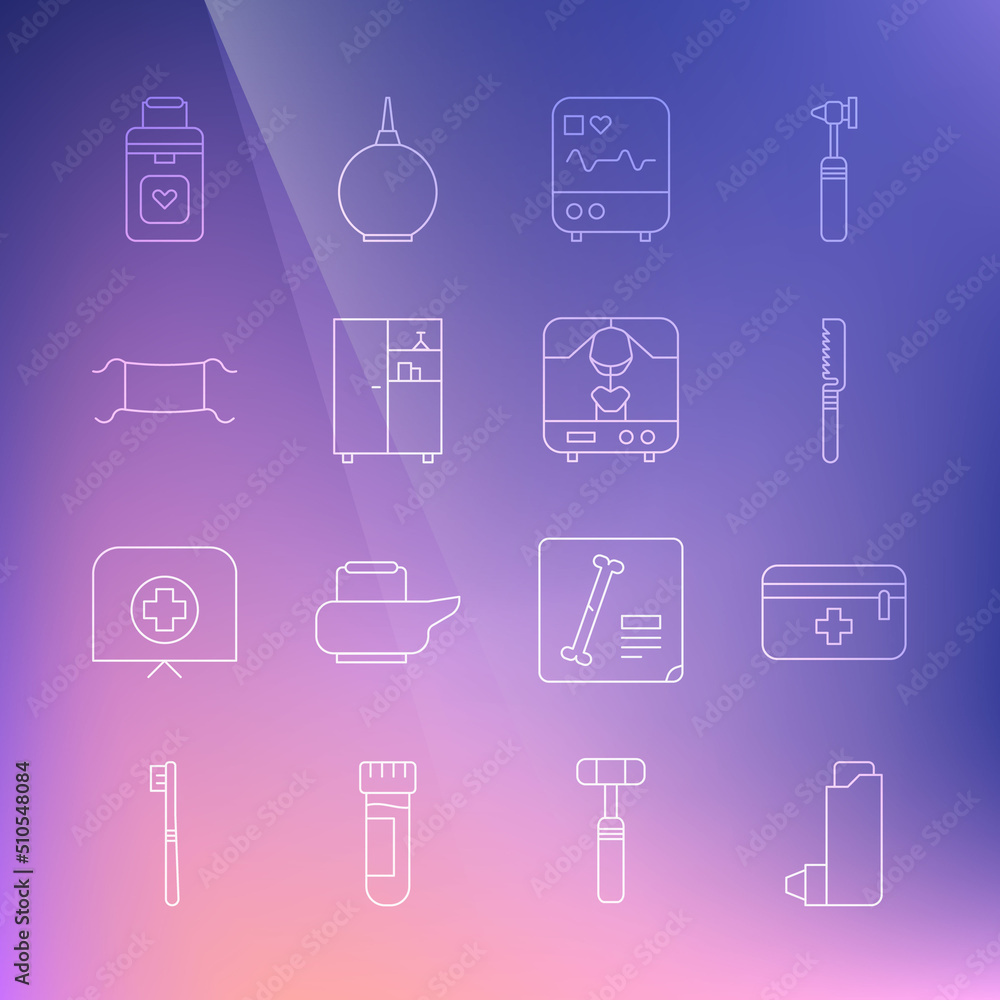 Set line Inhaler, First aid kit, Medical saw, Monitor with cardiogram, Medicine cabinet, protective mask, Organ container and X-ray machine icon. Vector Set line Inhaler, First aid kit, Medical saw, Monitor with cardiogram, Medicine cabinet, protective mask, Organ container and X-ray machine icon. Vector