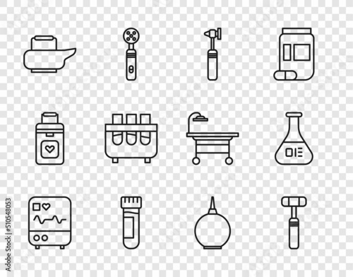 Set line Monitor with cardiogram, Neurology reflex hammer, Medical otoscope tool, Test tube blood, Bedpan, and flask, Enema and icon. Vector