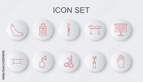 Set line Medical rubber gloves, protective mask, saw, otoscope tool, Inhaler, Organ container, oxygen and scissors icon. Vector