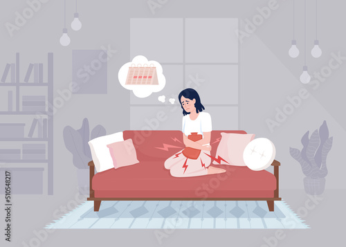 Menstrual cramp treatment flat color vector illustration. Ill-looking young woman applying hot water bottle to abdomen. Fully editable 2D simple cartoon character with cozy interior on background