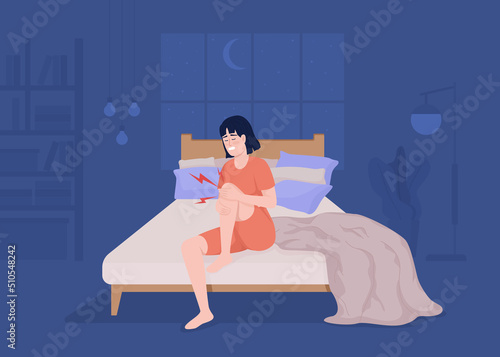 Nighttime knee pain flat color vector illustration. Leg swelling. Symptom of osteoarthritis. Throbbing ache. Fully editable 2D simple cartoon character with cozy bedroom interior on background