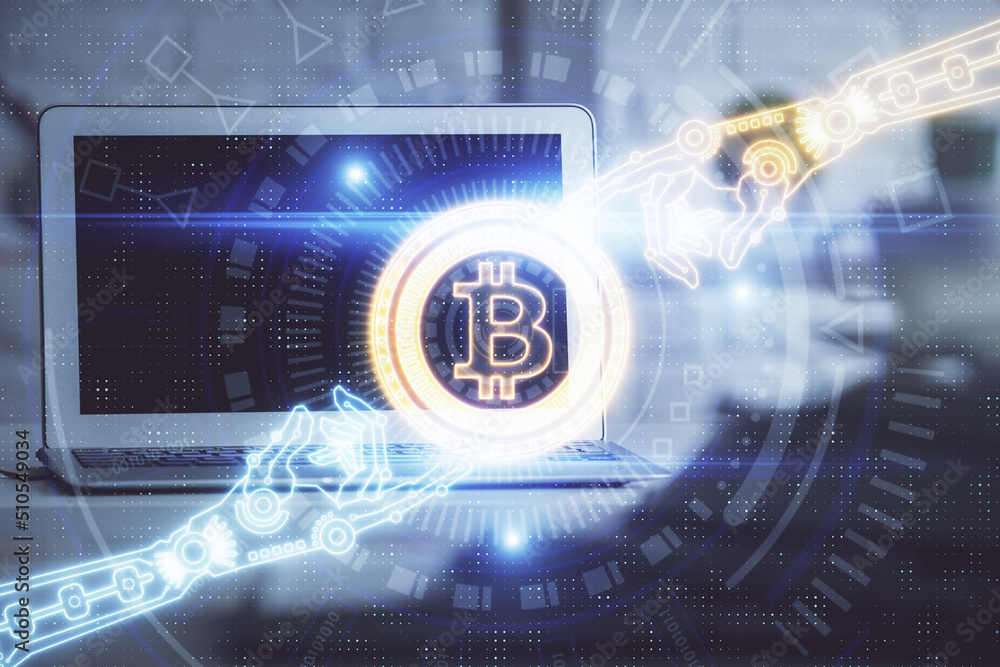 Multi exposure of blockchain and crypto economy theme hologram and table with computer background. Concept of bitcoin cryptocurrency.