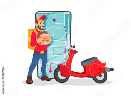 Food delivery man with scooter holding fast food box on mobile phone background. Fast food delivery service in cartoon design concept vector illustration.