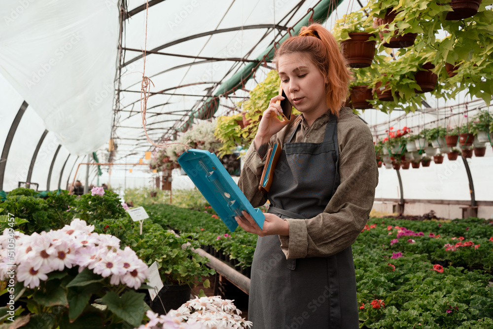Fototapeta premium Worried woman controls the readings of measuring instruments in an industrial greenhouse and call by phone to support