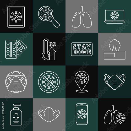 Set line Virus cells in lung, Medical protective mask, Wet wipe pack, Lungs, High human body temperature, Pills blister, statistics on monitor and Stay home icon. Vector