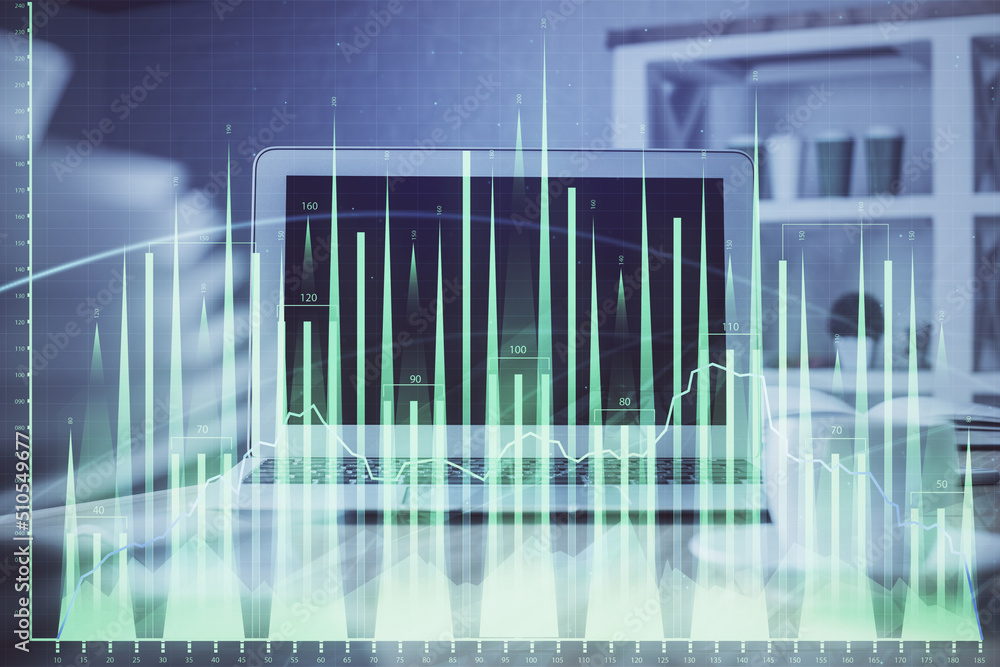 Stock market graph and table with computer background. Multi exposure. Concept of financial analysis. Stock market graph and table with computer background. Multi exposure. Concept of financial analysis.