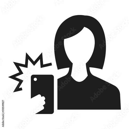 Woman user taking selfie photo on smartphone with flash linear monochrome icon vector illustration