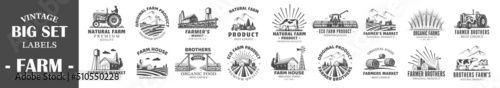 Big collections Vintage Farm Market Labels isolated on white background. Set of Farm Market Logo Templates for design. Vector illustrations