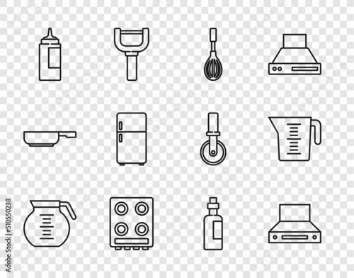 Set line Coffee pot, Kitchen extractor fan, whisk, Gas stove, Sauce bottle, Refrigerator, Bottle olive oil and Measuring cup icon. Vector