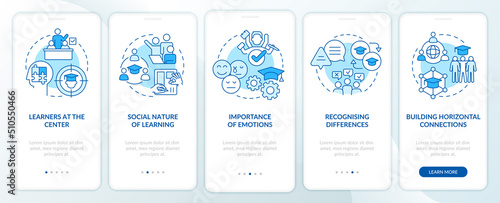 Principles and laws of learning blue onboarding mobile app screen. Walkthrough 5 steps editable graphic instructions with linear concepts. UI, UX, GUI template. Myriad Pro-Bold, Regular fonts used