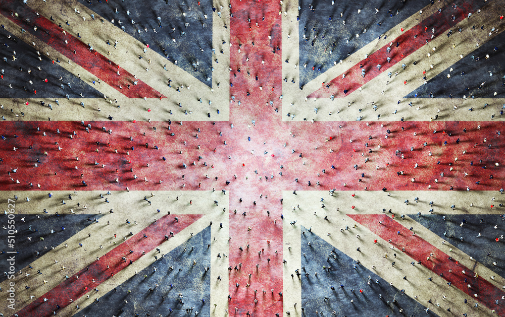 Crowd of people on UK flag. British society - obrazy, fototapety, plakaty 