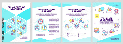 Principles of learning turquoise brochure template. Leaflet design with linear icons. Editable 4 vector layouts for presentation, annual reports. Arial-Black, Myriad Pro-Regular fonts used