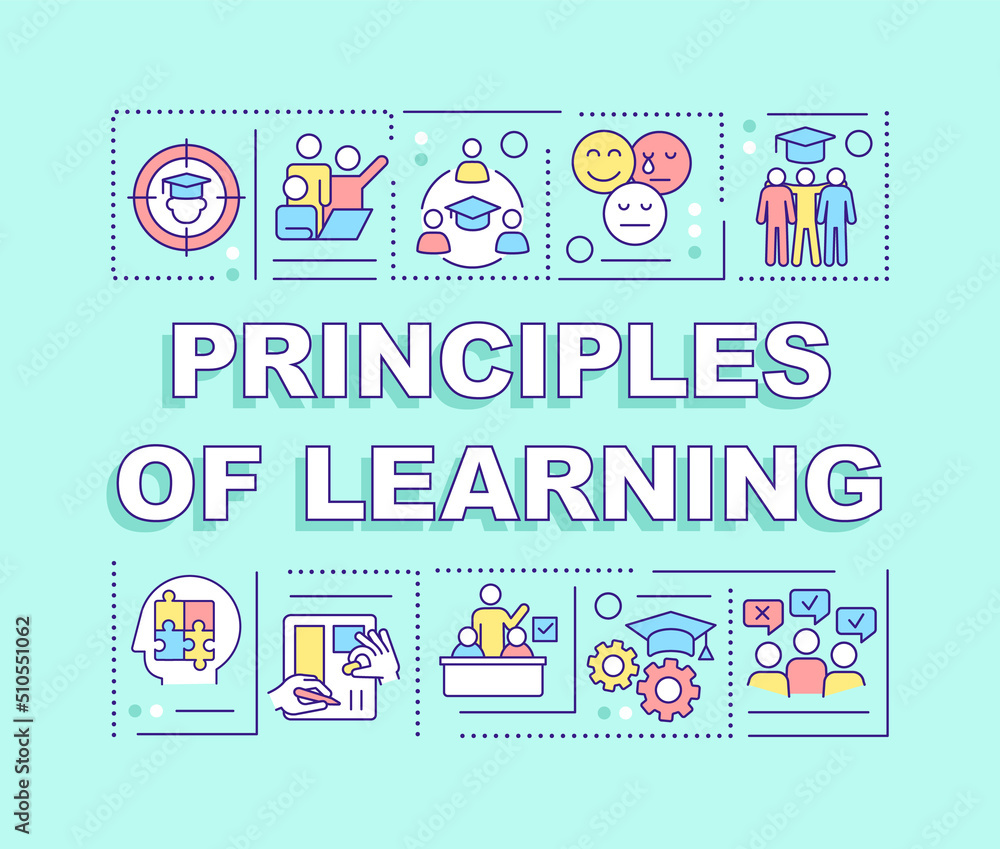 Principles of learning word concepts turquoise banner. Infographics with editable icons on color background. Isolated typography. Vector illustration with text. Arial-Black font used Principles of learning word concepts turquoise banner. Infographics with editable icons on color background. Isolated typography. Vector illustration with text. Arial-Black font used