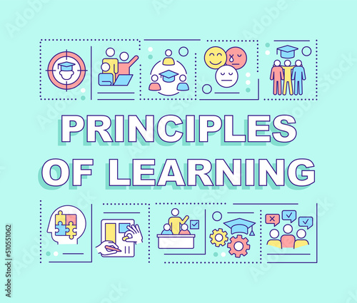 Principles of learning word concepts turquoise banner. Infographics with editable icons on color background. Isolated typography. Vector illustration with text. Arial-Black font used