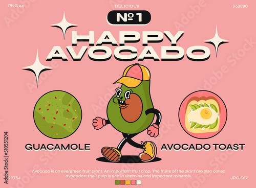 Funny cartoon character. fashion poster. Vector illustration of a happy avocado. elements of guacamole and avocado toast. Set of comic elements in trendy retro cartoon style.
