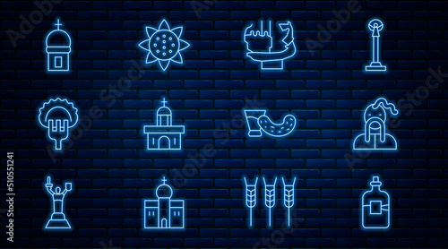 Set line Bottle of vodka, Ukrainian cossack, Monument to founders Kiev, Church building, Dumplings fork, tower, Glass with and Sunflower icon. Vector