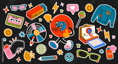 Retro 70s, 80s, 90s hippie stickers, psychedelic acid elements. Retro characters. chewing gum, denim jacket, vintage hippie style vector elements set.
