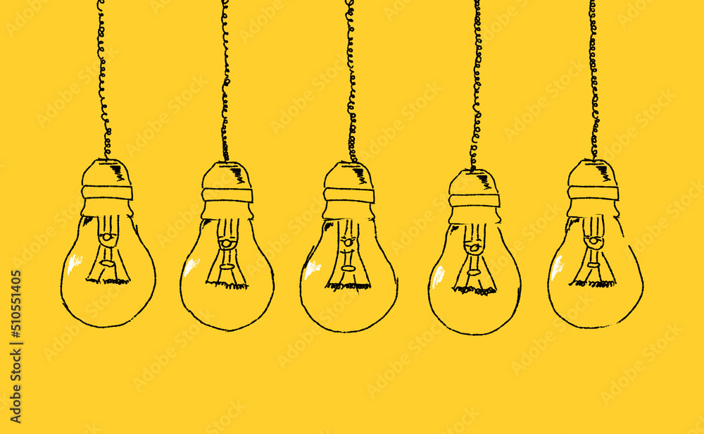 Set of light bulbs hand drawn on a yellow background. Thinking, idea concept. Set of light bulbs hand drawn on a yellow background. Thinking, idea concept.