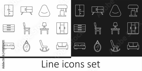Set line Sofa, Wardrobe, Pouf, Chair, Chest drawers, Table lamp on table and icon. Vector