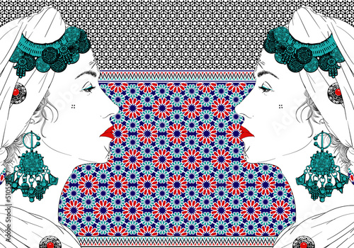 Arabic woman face mosaic vector illustration. red blue and green colors