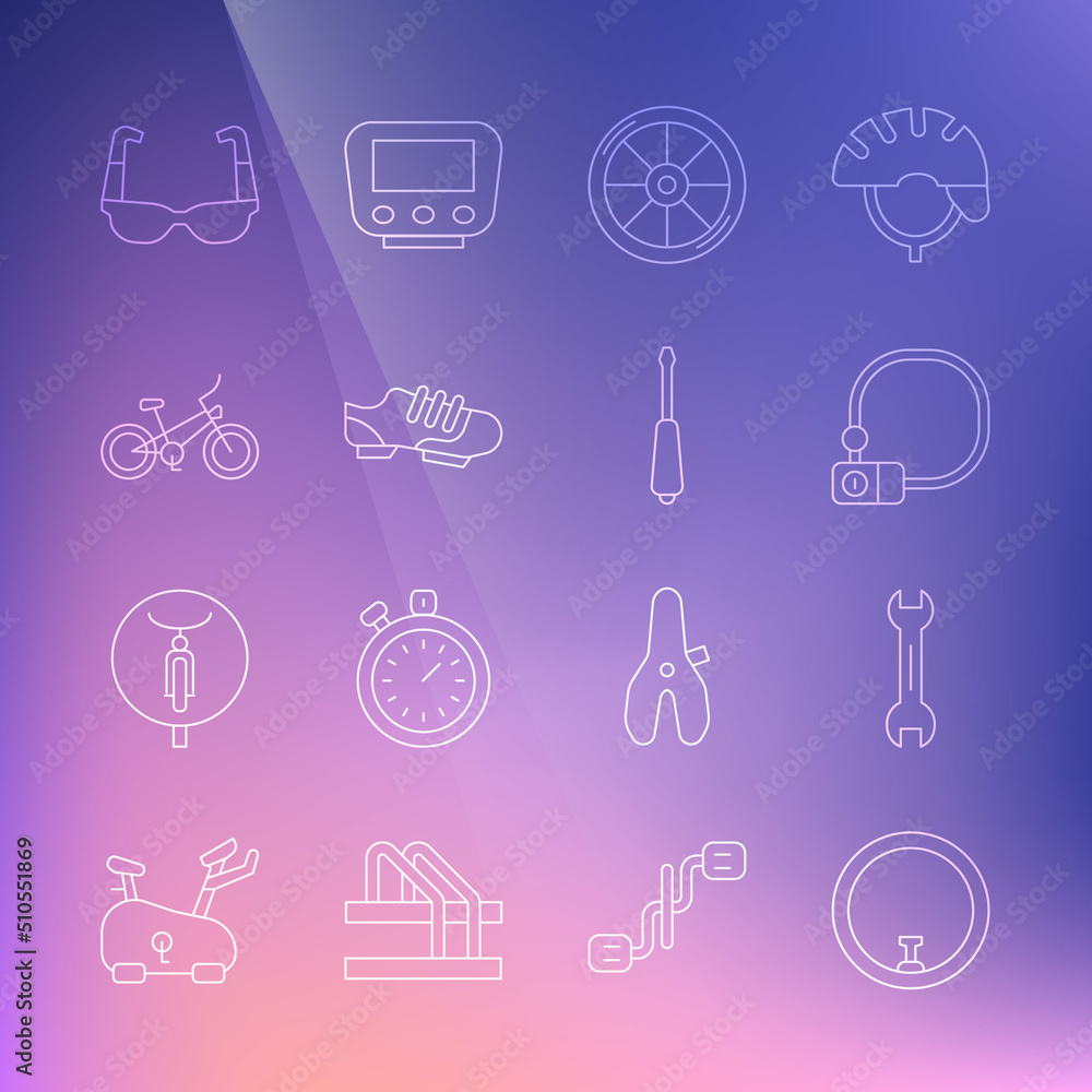 Set line Bicycle wheel, Wrench spanner, lock, shoes, Sport cycling sunglasses and Screwdriver icon. Vector Set line Bicycle wheel, Wrench spanner, lock, shoes, Sport cycling sunglasses and Screwdriver icon. Vector