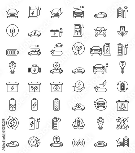 Electric cars hybrid battery line icons.