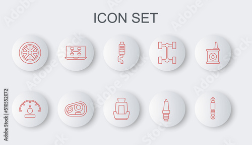 Set line Shock absorber, Speedometer, Car muffler, spark plug, wheel, Diagnostics condition of car, headlight and seat icon. Vector