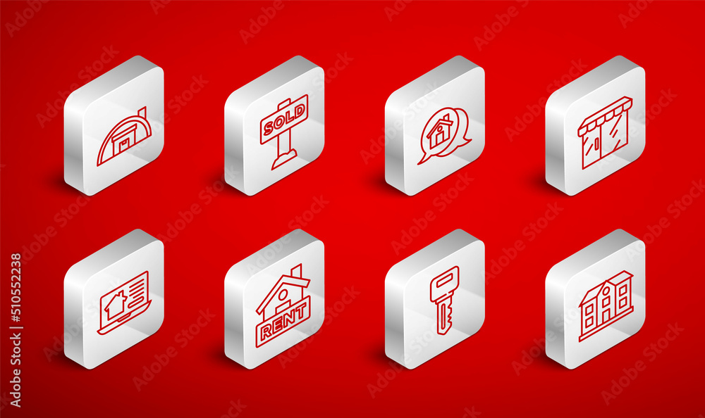 Set line House, Hanging sign with text Sold, Real estate message house, Market store, key, Warehouse, Rent and Online real icon. Vector Set line House, Hanging sign with text Sold, Real estate message house, Market store, key, Warehouse, Rent and Online real icon. Vector