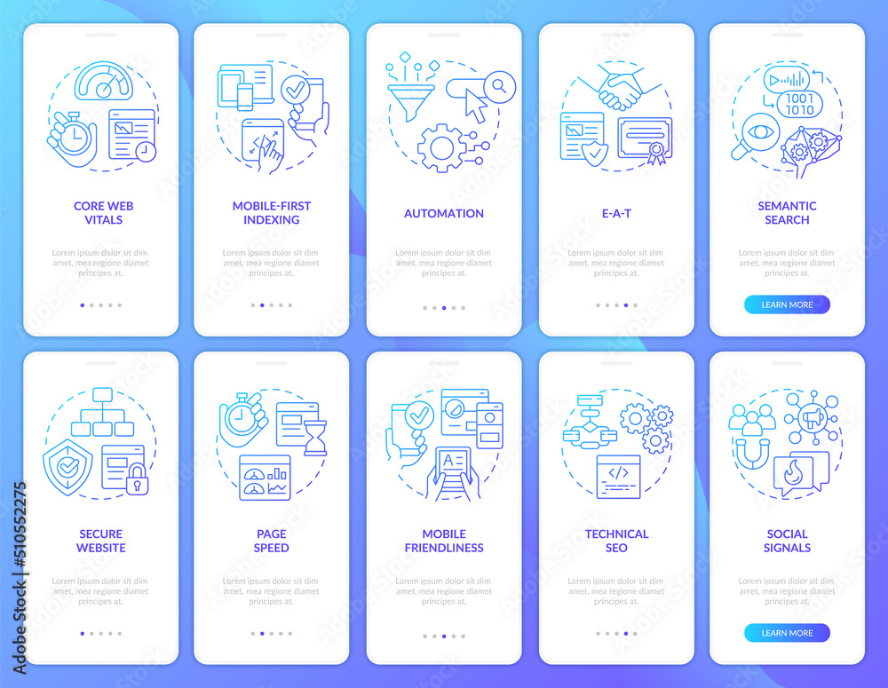 Search engine optimization blue gradient onboarding mobile app screen set. Walkthrough 5 steps graphic instructions with linear concepts. UI, UX, GUI template. Myriad Pro-Bold, Regular fonts used