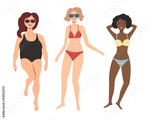 Collection of three top view of happy sunbathing women on the beach sun. Set of girl friends relax and tanning. Flat style vector isolated illustration