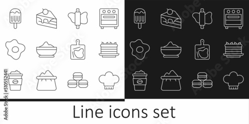Set line Chef hat, Cake, Rolling pin on dough, Flour bowl, Scrambled eggs, Ice cream, Cutting board and Piece of cake icon. Vector