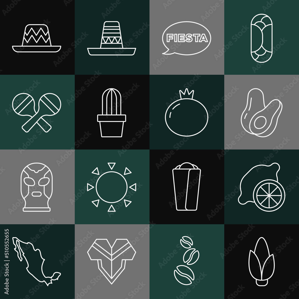 Set line Corn, Lemon, Avocado fruit, Fiesta, Cactus succulent in pot, Maracas, Mexican sombrero and Tomato icon. Vector Set line Corn, Lemon, Avocado fruit, Fiesta, Cactus succulent in pot, Maracas, Mexican sombrero and Tomato icon. Vector