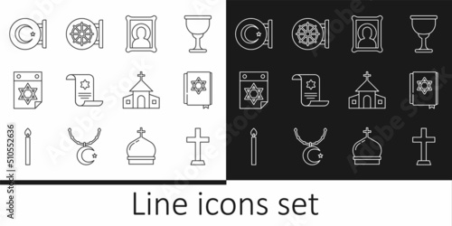 Set line Christian cross, Jewish torah book, icon, Torah scroll, calendar, Star and crescent, Church building and Dharma wheel icon. Vector