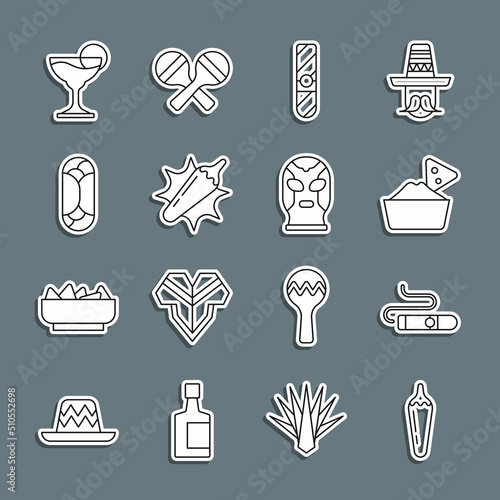 Set line Hot chili pepper pod, Cigar, Nachos in bowl, Burrito, Margarita cocktail and Mexican wrestler icon. Vector