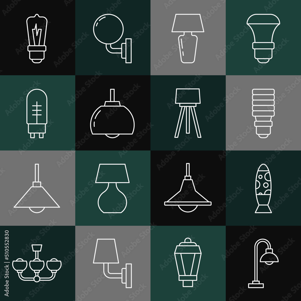 Set line Floor lamp, LED light bulb, Table, Chandelier, Light emitting diode, and icon. Vector Set line Floor lamp, LED light bulb, Table, Chandelier, Light emitting diode, and icon. Vector