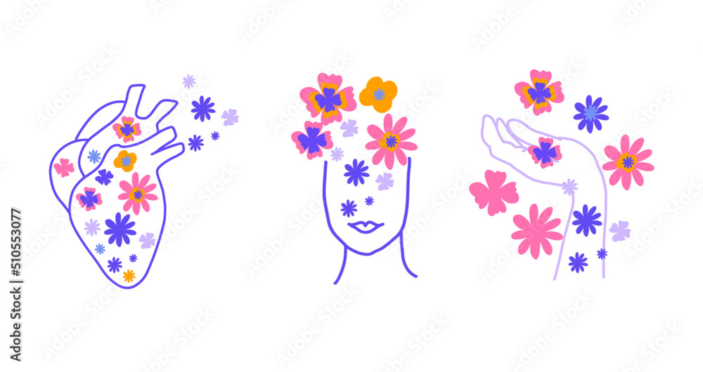 Flowers feminine mental health design. Woman floral heart, head, hand. Naive groovy retro flowers inspirational stickers. Psychology awareness handwritten positive self-care inspirational quote.