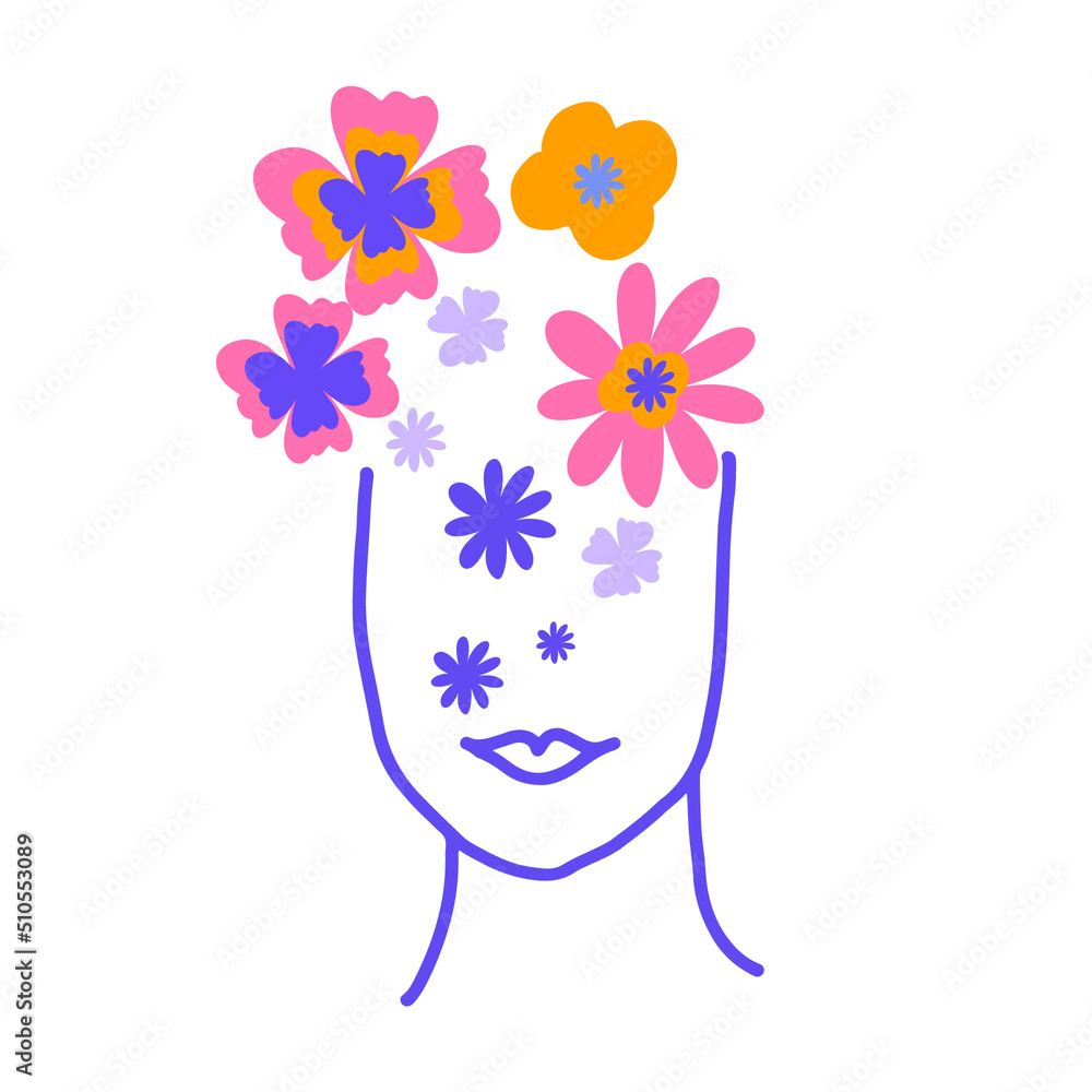 Flowers feminine mental health woman face line art. Naive groovy retro