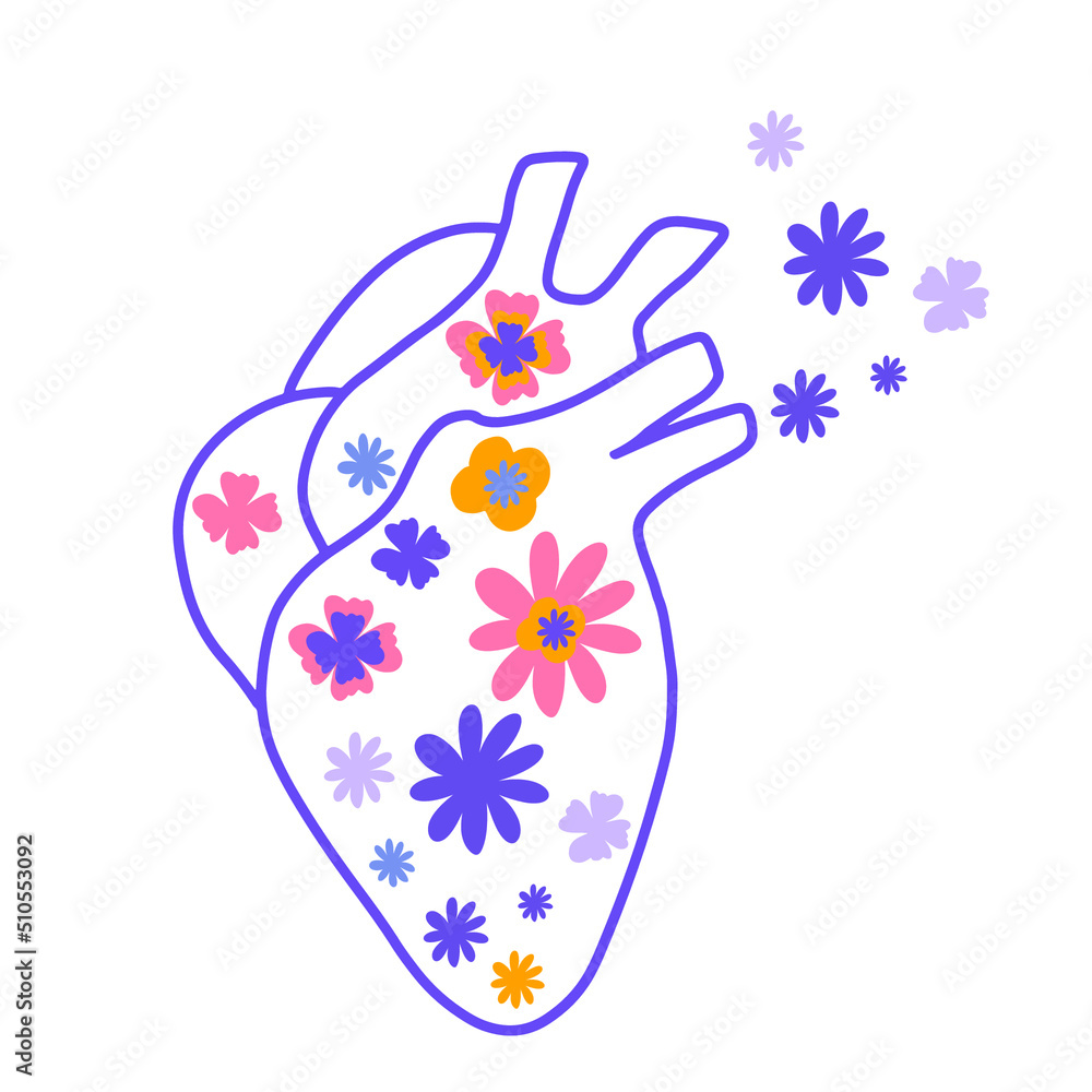 Flower human heart. Flowers feminine mental health design. Naive groovy